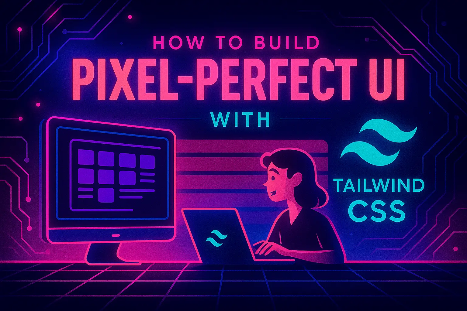 Cyberpunk-inspired digital illustration in vibrant neon colors featuring the title ‘How to Build Pixel Perfect UI with Tailwind CSS’, glowing futuristic UI elements, Tailwind CSS icons,